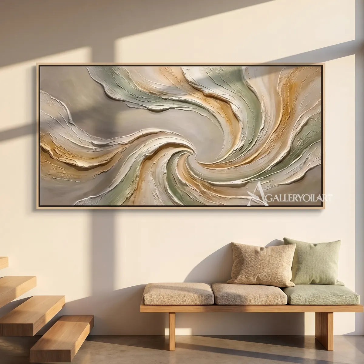 Textured 3D flowing centered motion in beige and sage relief in a gallery wall