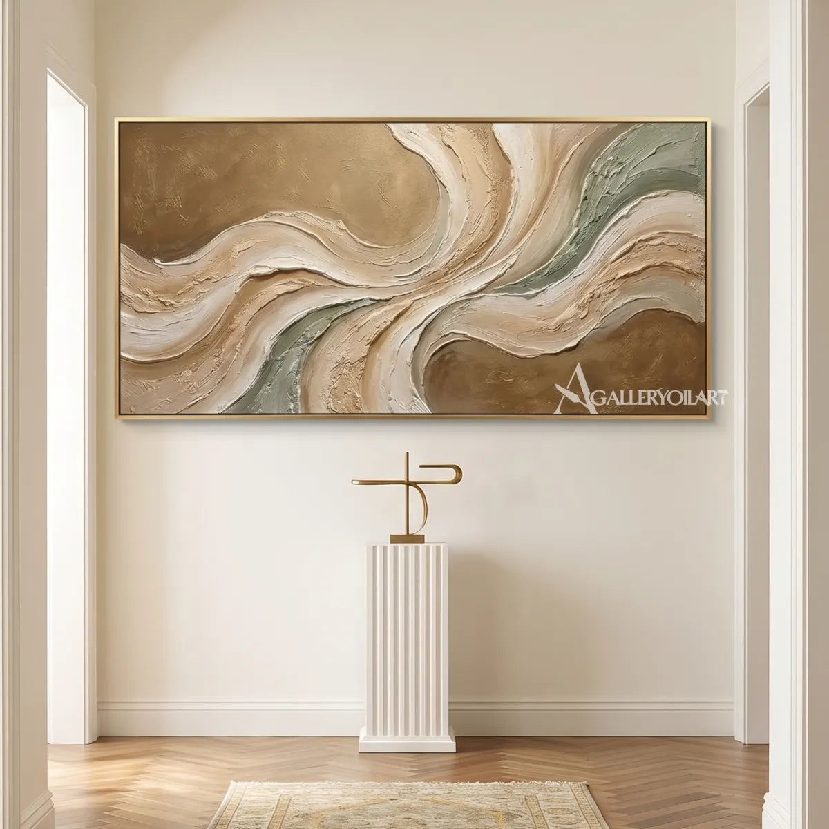 Textured 3D flowing centered motion in beige and sage relief in a hallway
