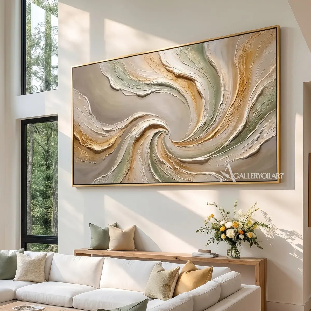 Textured 3D flowing centered motion in beige and sage relief in a living room