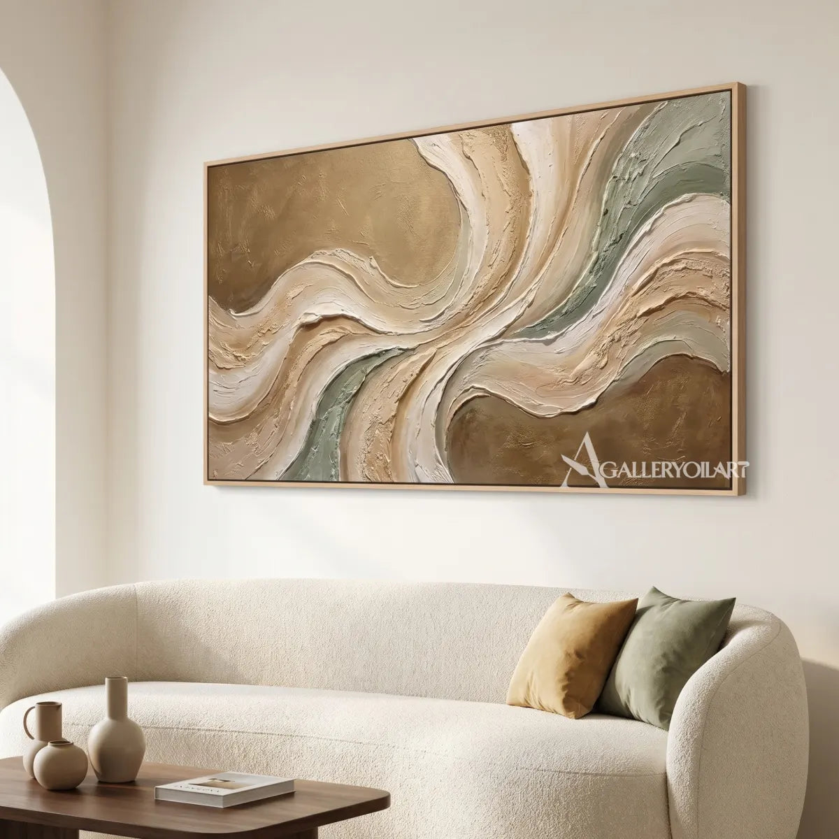 Textured 3D flowing centered motion in beige and sage relief in a minimalist living room