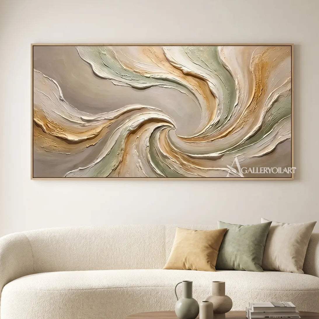Textured 3D flowing centered motion in beige and sage relief in a minimalist living room