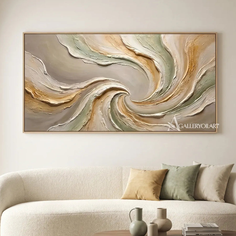 Textured 3D flowing centered motion in beige and sage relief in a minimalist living room