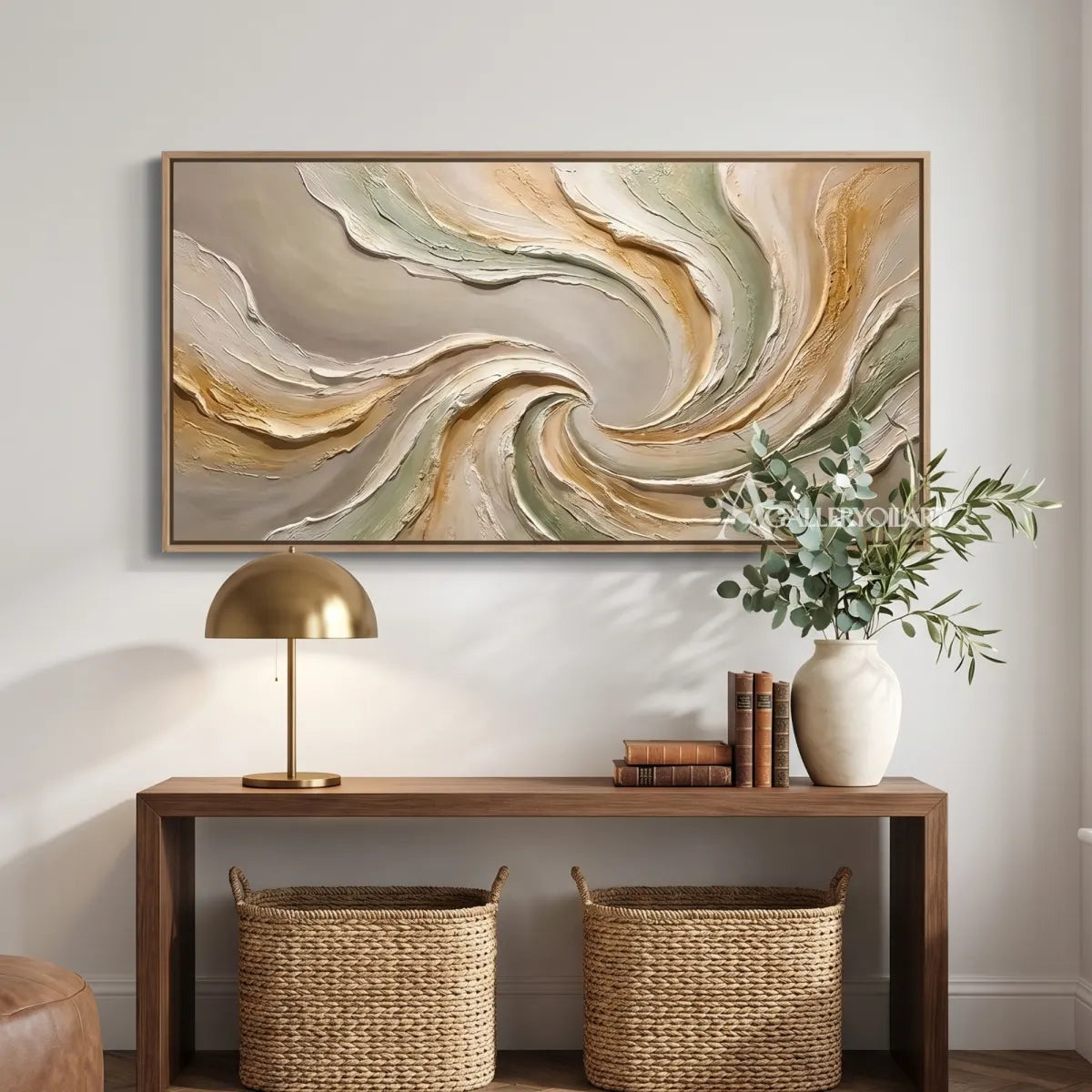 Textured 3D flowing centered motion in beige and sage relief in a modern entryway