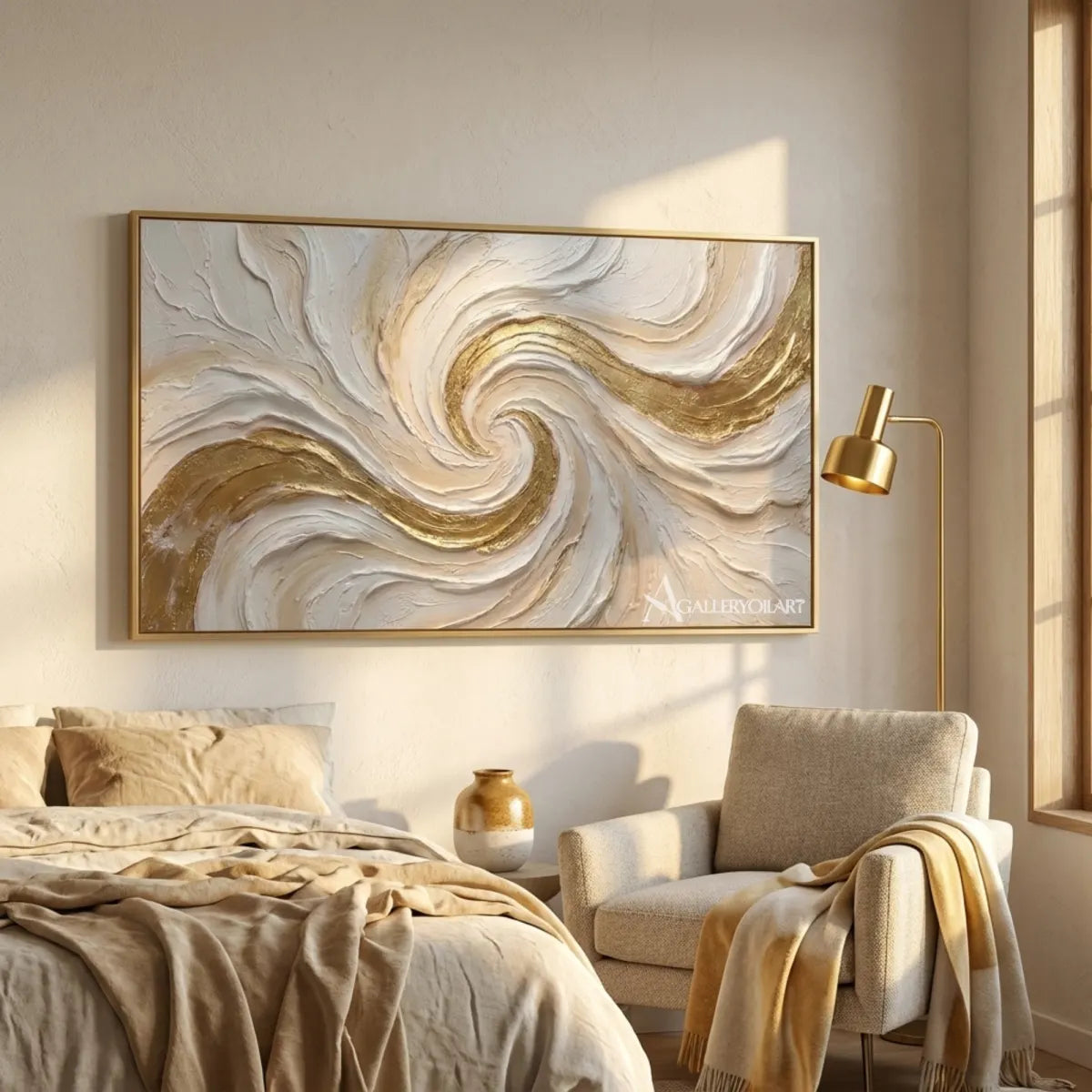 Textured-3D-flowing-crest-in-gold-and-cream-wall-art-in-a-bedroom-reading-nook