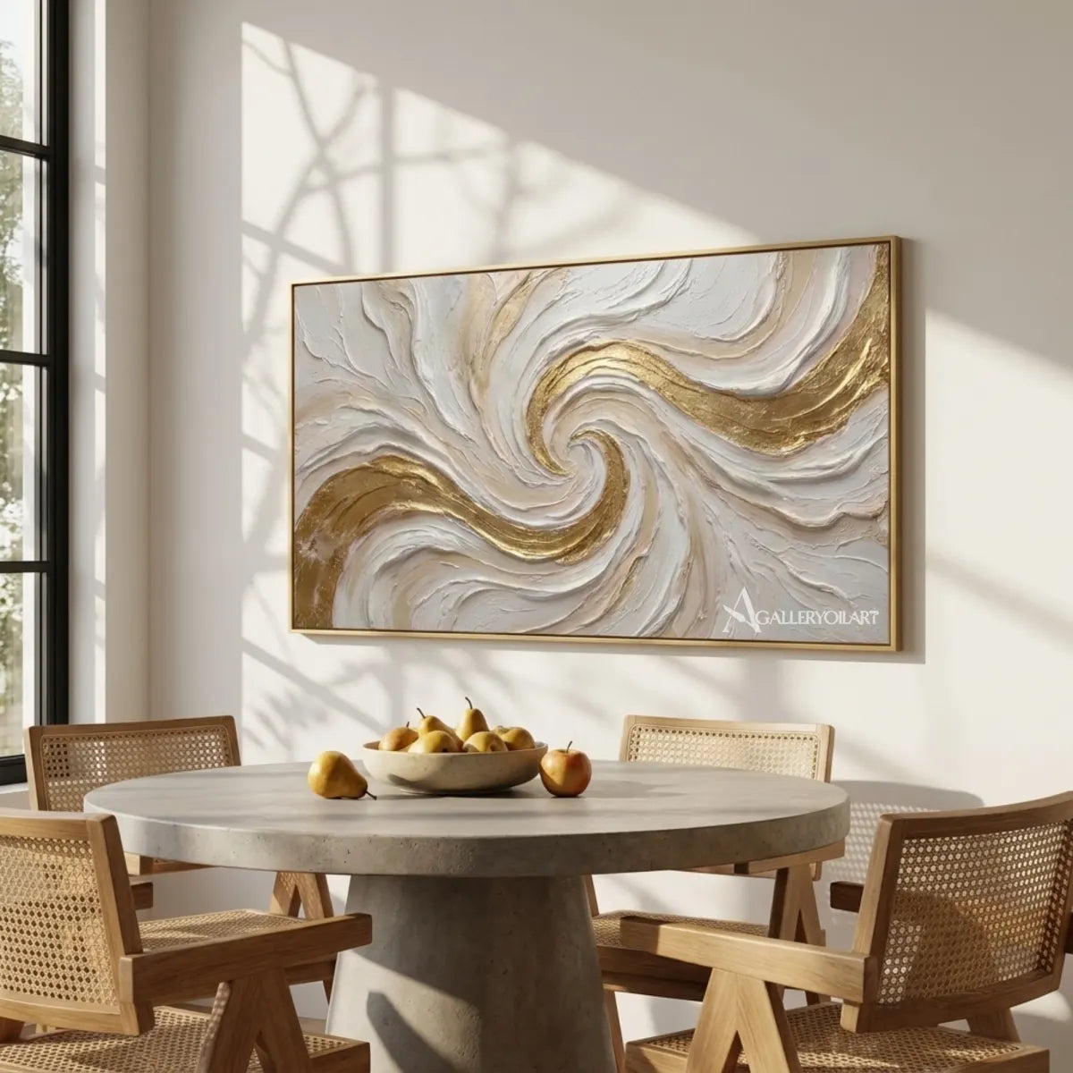 Textured-3D-flowing-crest-in-gold-and-cream-wall-art-in-a-dining-room