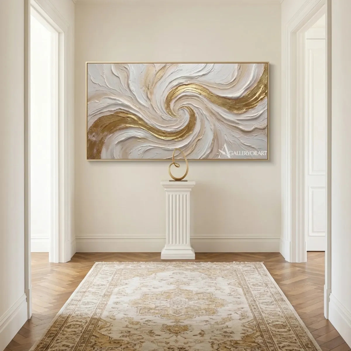 Textured-3D-flowing-crest-in-gold-and-cream-wall-art-in-a-hallway