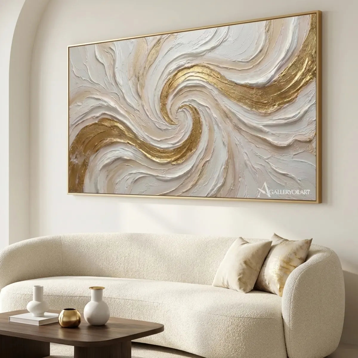 Textured-3D-flowing-crest-in-gold-and-cream-wall-art-in-a-minimalist-living-room-gallery