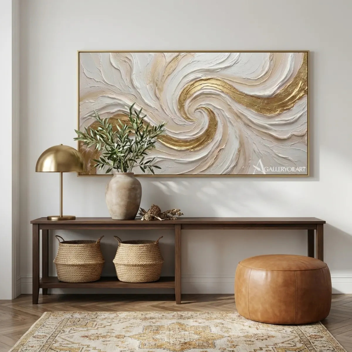 Textured-3D-flowing-crest-in-gold-and-cream-wall-art-in-a-modern-entryway