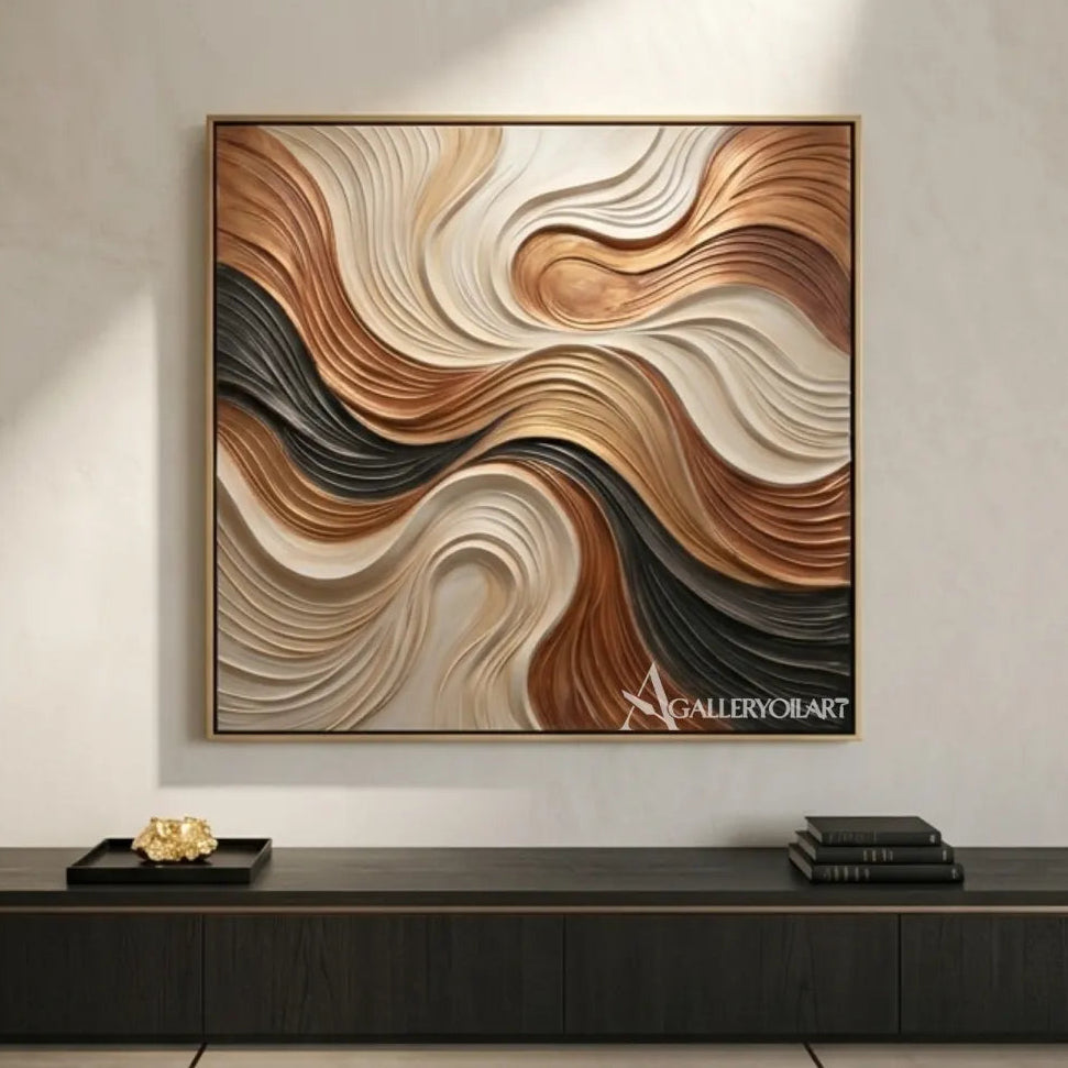 Textured-3D-flowing-currents-in-brown-cream-and-black-with-relief-in-a-console