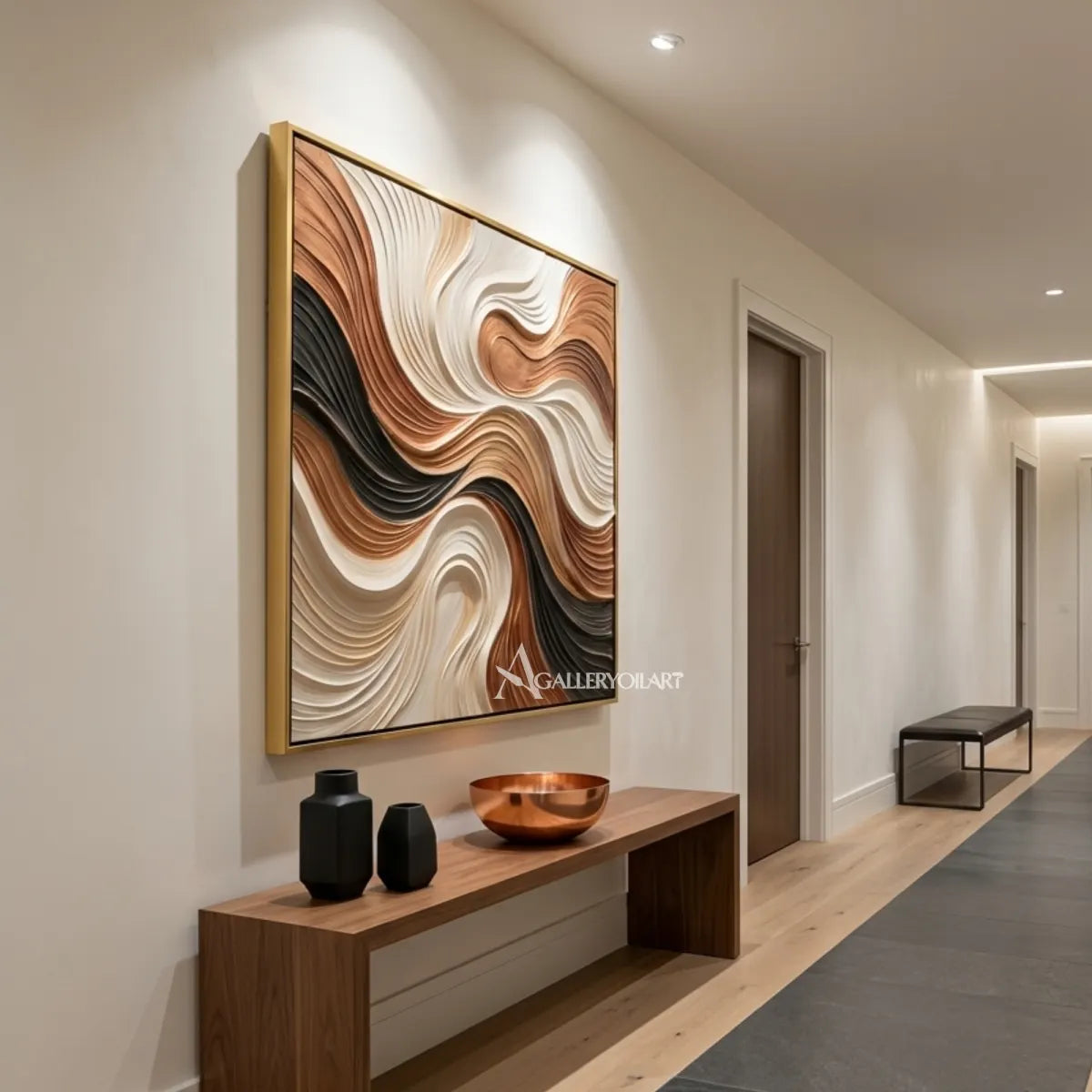 Textured-3D-flowing-currents-in-brown-cream-and-black-with-relief-in-an-entryway