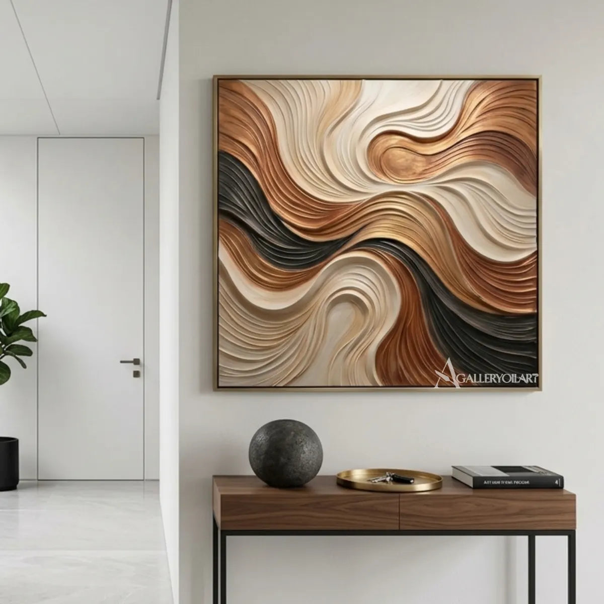 Textured-3D-flowing-currents-in-brown-cream-and-black-with-relief-in-a-hallway