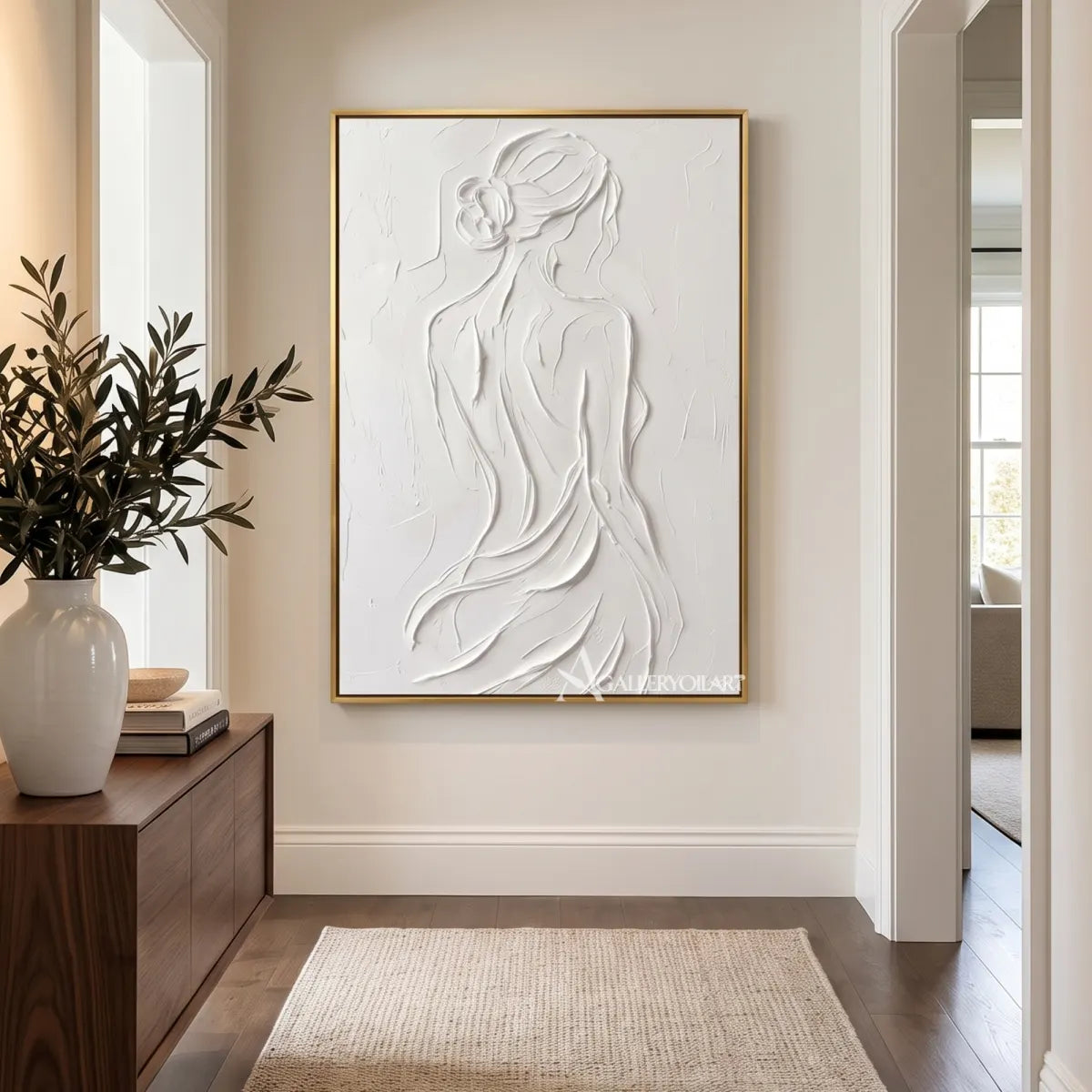flowing-figure-relief-textured-3d-white-wall-art-in-a-transitional-corridor