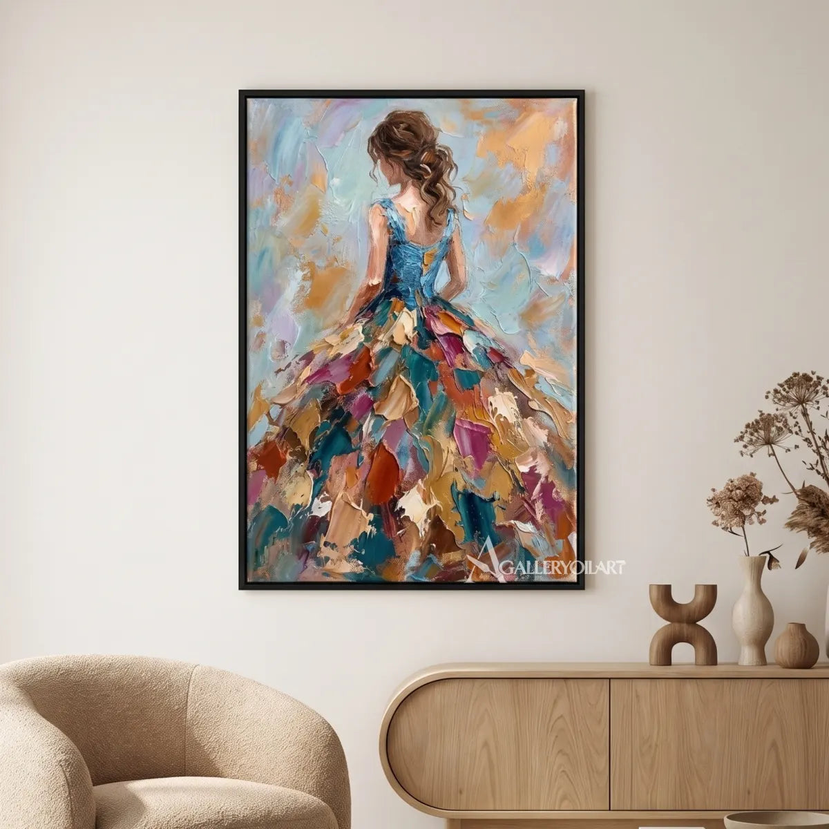 Woman-in-a-multicolored-dress-in-a-bold-portrait-painting-in-a-gallery-style-interior