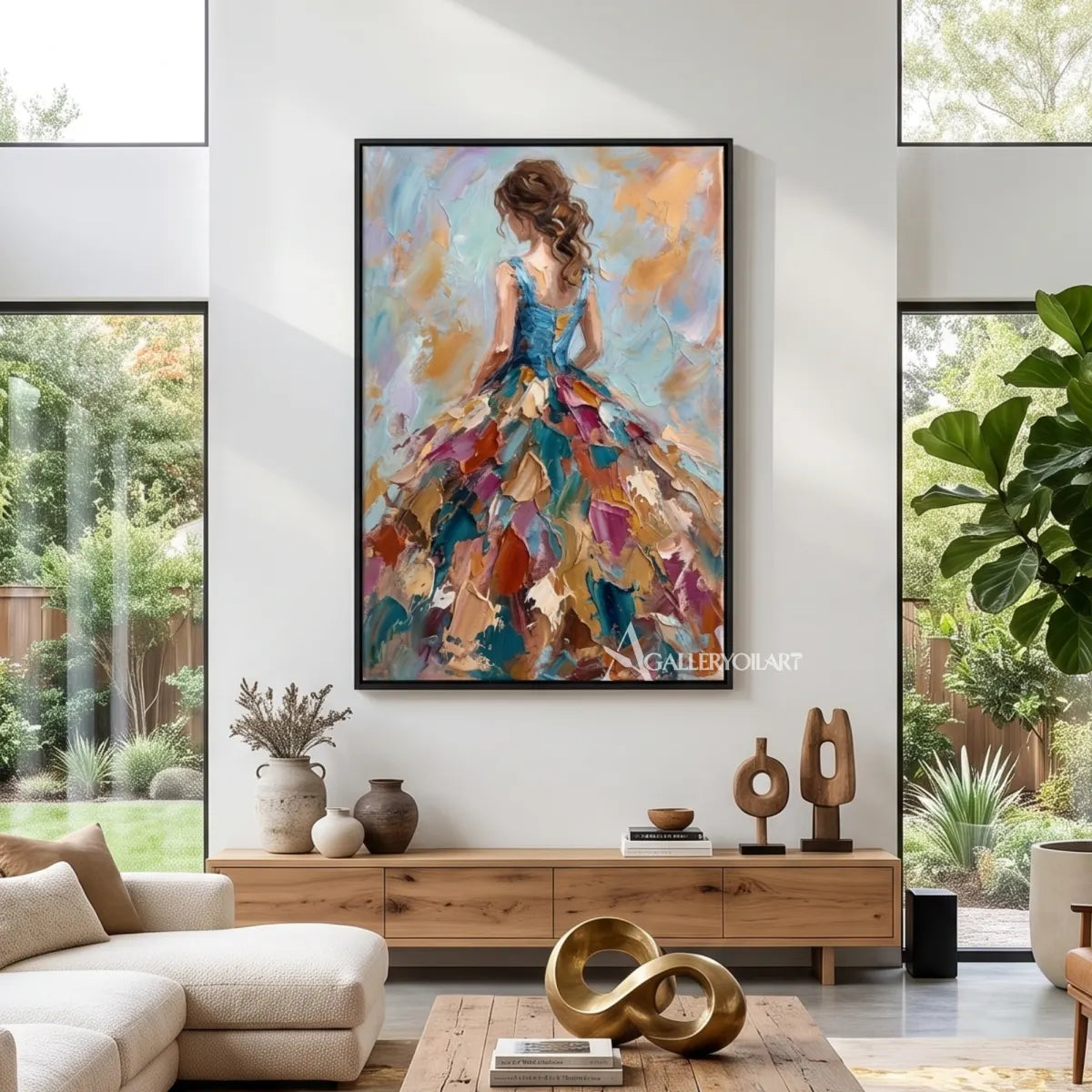 Expressive-portrait-of-a-woman-in-a-multicolored-gown-against-blue-and-peach-brushwork-in-a-living-room