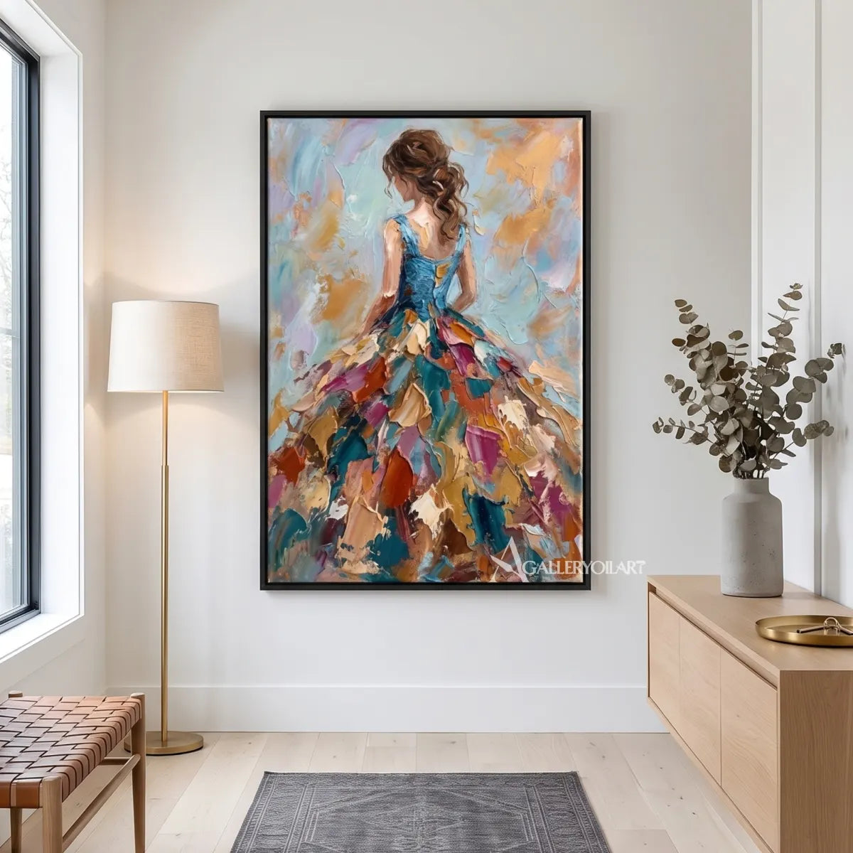 Woman-in-a-colorful-flowing-dress-in-a-portrait-painting-displayed-in-a-modern-entryway