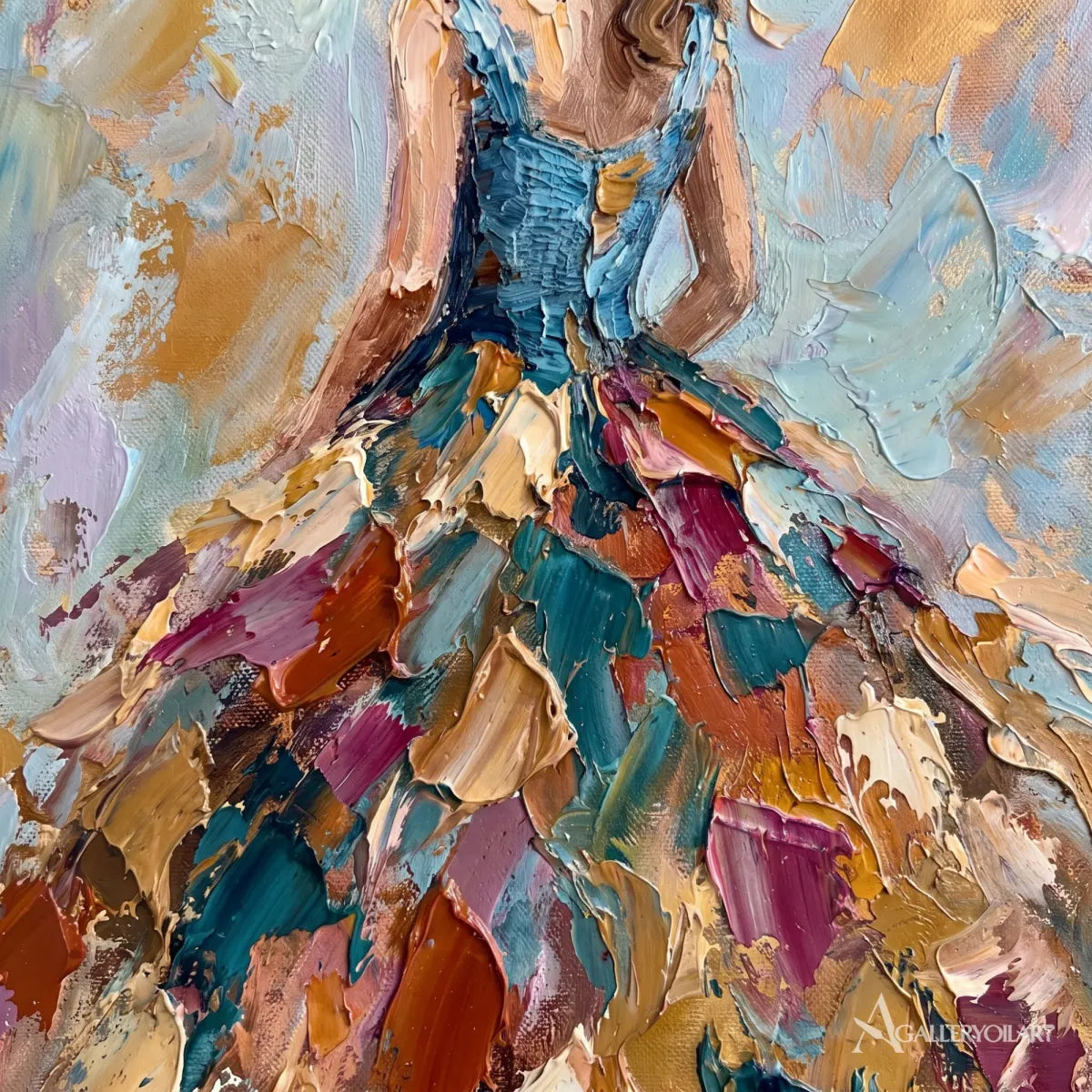 Close-up-of-thick-colorful-brushwork-on-a-flowing-gown-in-an-orange-toned-portrait-painting