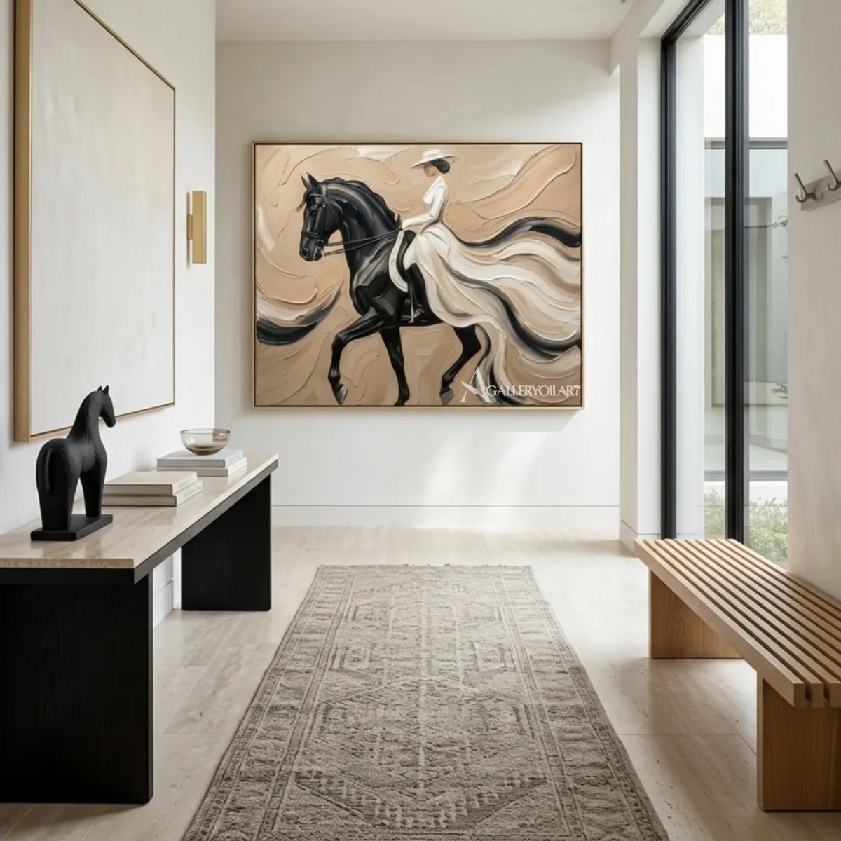 Woman-riding-a-dark-horse-in-a-flowing-light-dress-portrait-art-above-a-console-in-a-bright-hallway