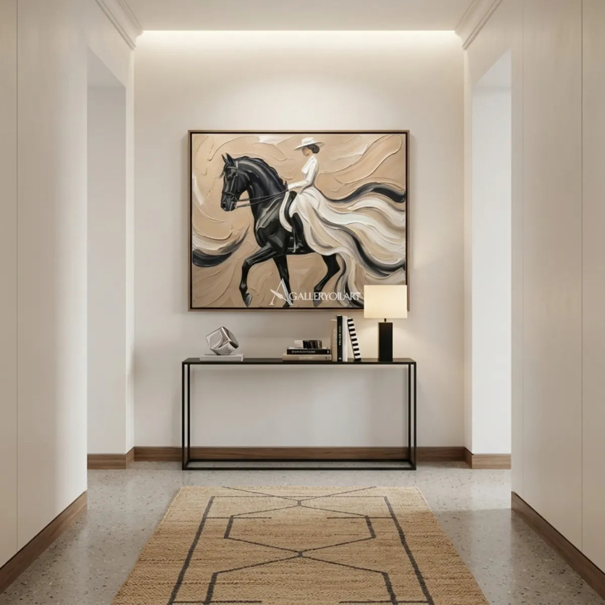 Woman-riding-a-dark-horse-in-a-flowing-light-dress-portrait-art-displayed-in-a-modern-entryway