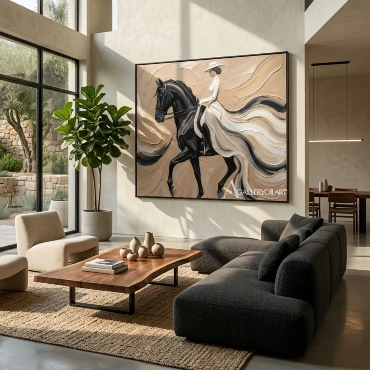 Woman-riding-a-dark-horse-in-a-flowing-light-dress-portrait-art-in-a-contemporary-gathering-room