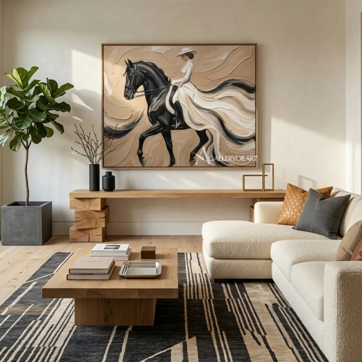 Woman-riding-a-dark-horse-in-a-flowing-light-dress-portrait-art-in-a-contemporary-living-room