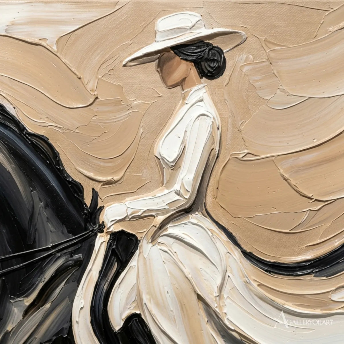 Close-up-of-woman-rider-and-dark-horse-with-flowing-brushstrokes-in-portrait-art