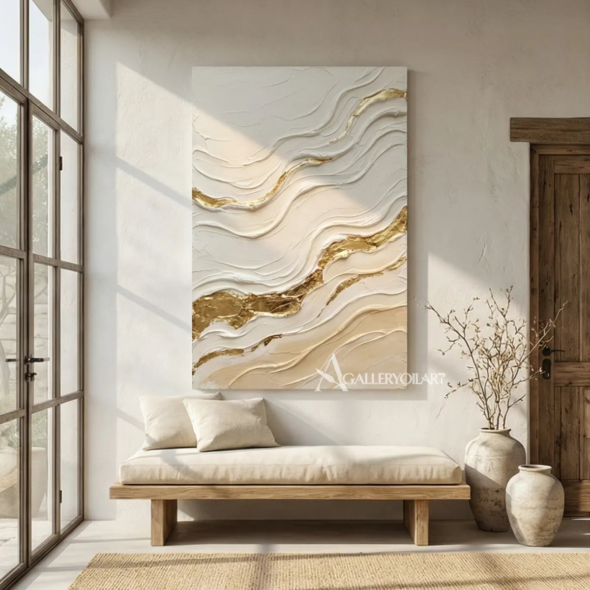 textured-3d-flowing-raised-ribbons-ivory-cream-soft-beige-warm-taupe-and-metallic-gold-wall-art-in-bedroom