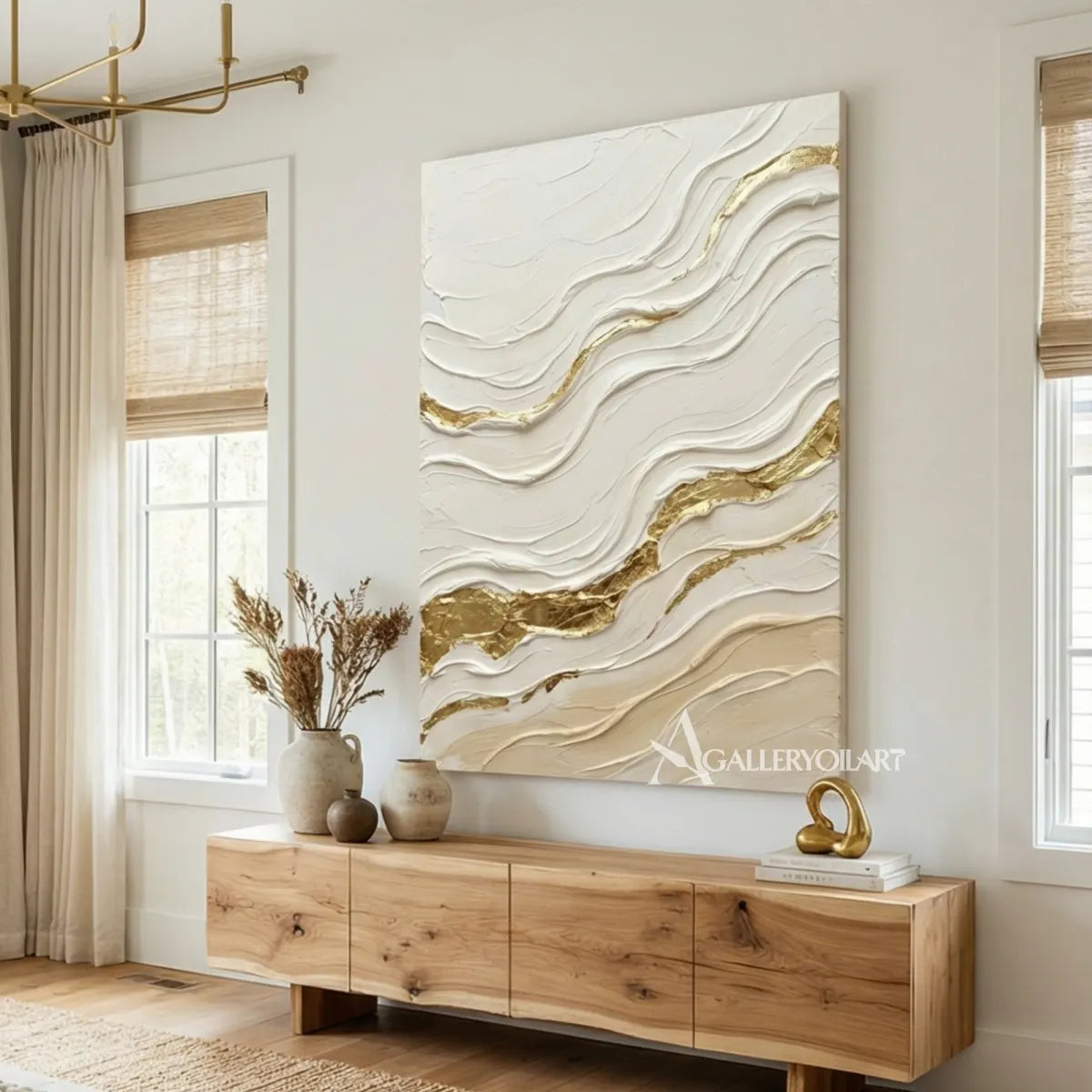 textured-3d-flowing-raised-ribbons-ivory-cream-soft-beige-warm-taupe-and-metallic-gold-wall-art-in-console-room