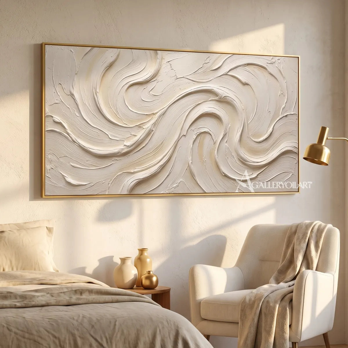 Textured 3D flowing ribbons in white and warm neutral relief in a bedroom reading nook
