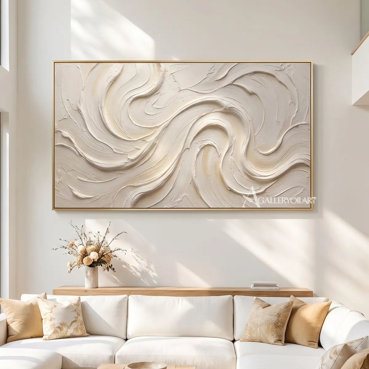 Textured 3D flowing ribbons in white and warm neutral relief in a living room