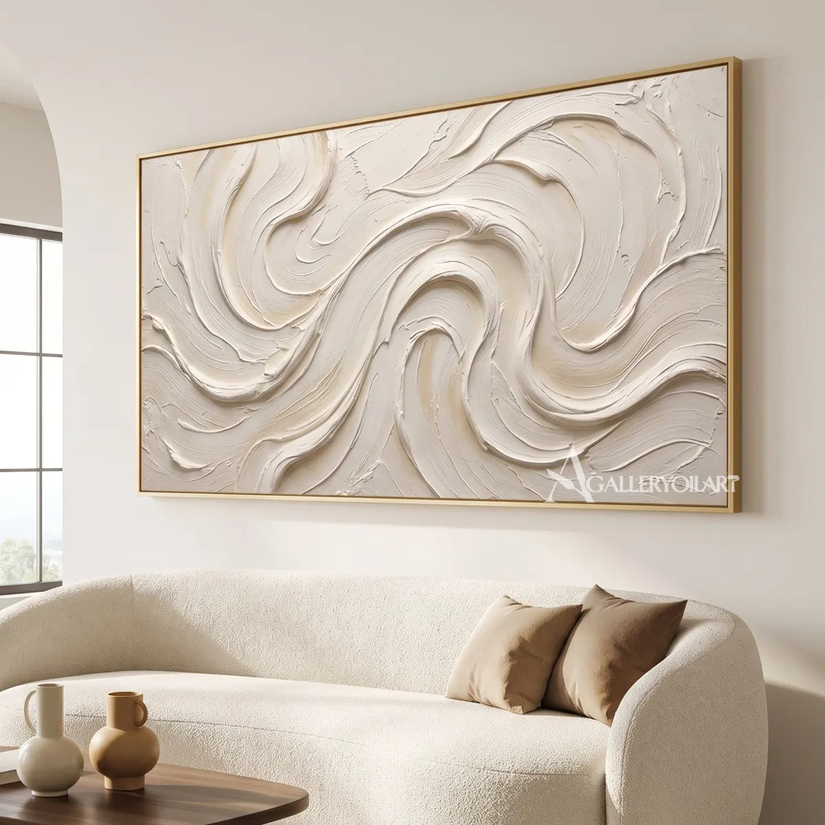 Textured 3D flowing ribbons in white and warm neutral relief in a minimalist living room