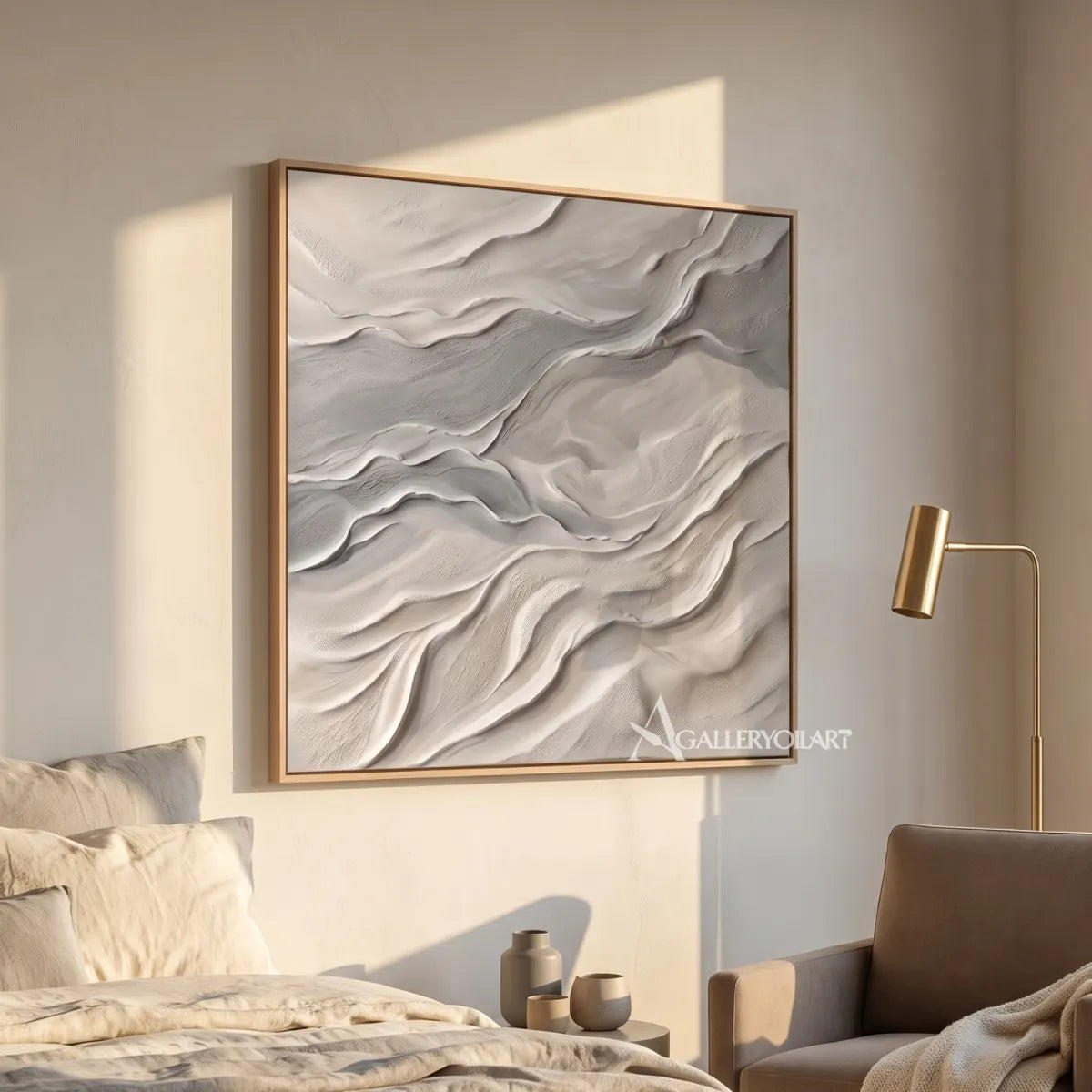 Textured 3D flowing ridges in beige and gray relief-in-bedroom-reading-nook