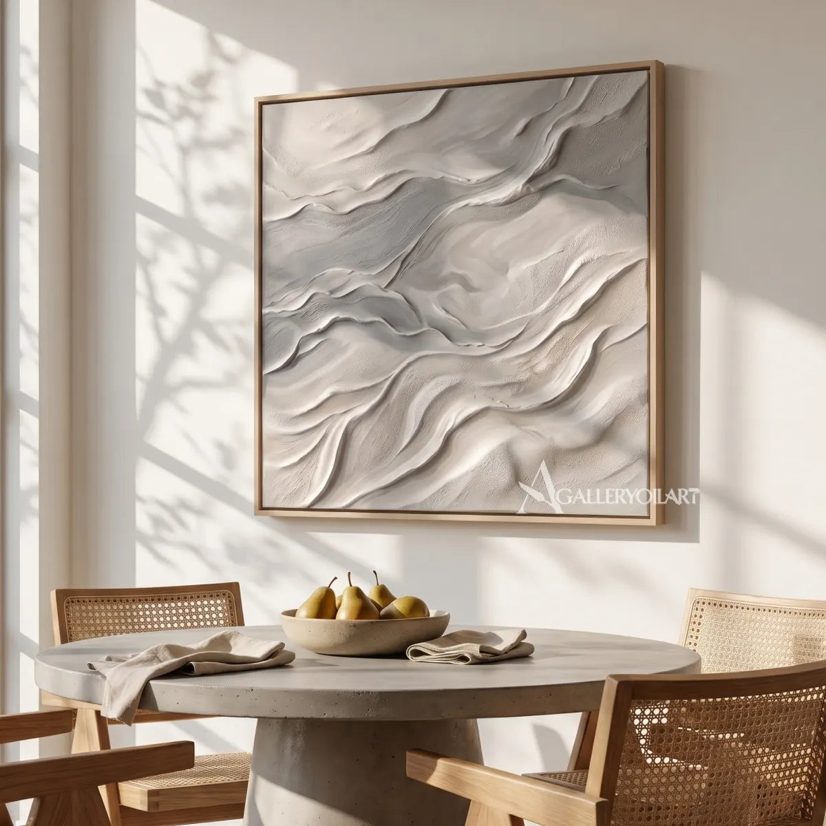 Textured 3D flowing ridges in beige and gray relief-in-dining-room
