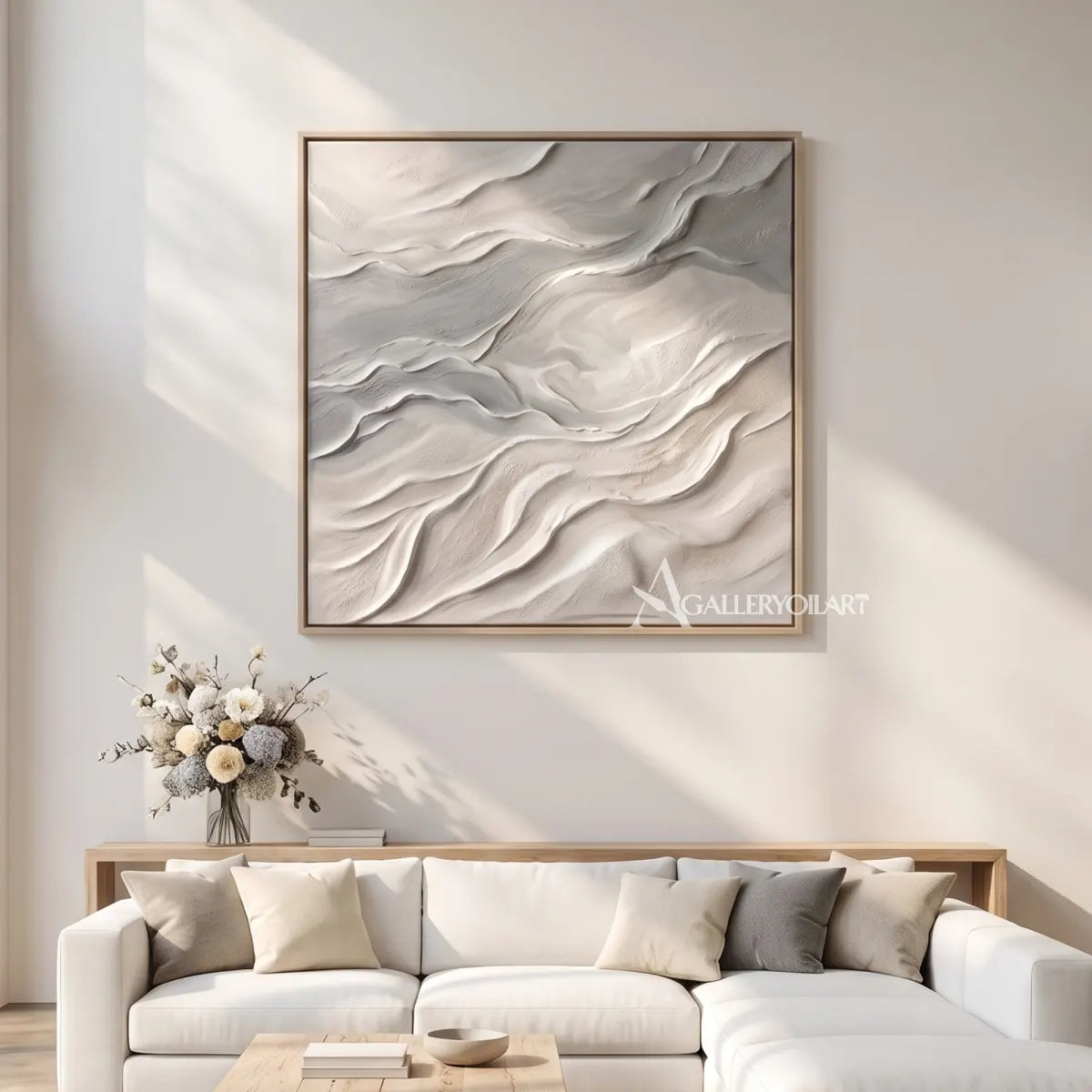 Textured 3D flowing ridges in beige and gray relief-in-living-room