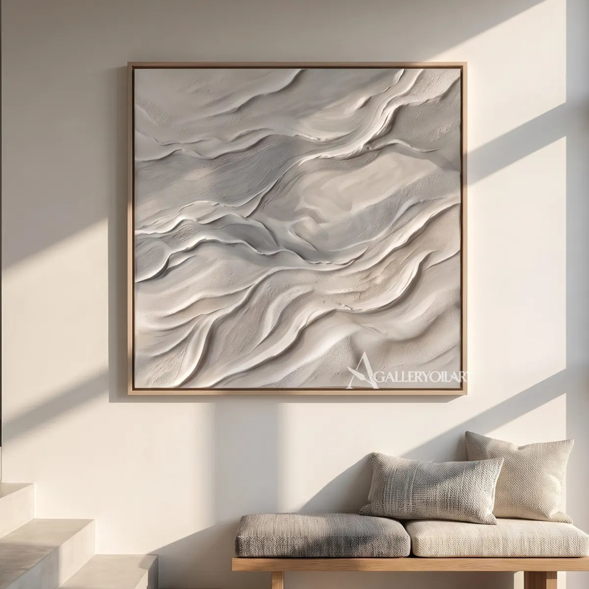 Textured 3D flowing ridges in beige and gray relief-in-wall-display