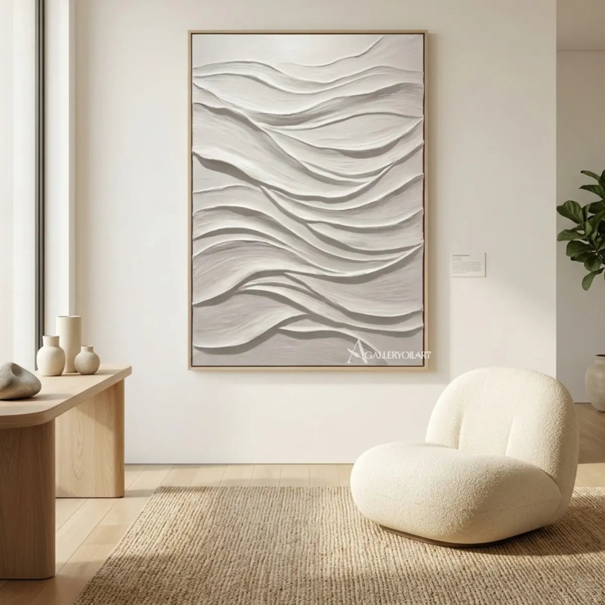 Textured 3D-white-and-gray-flowing veil-wall-art-a-walnut-console