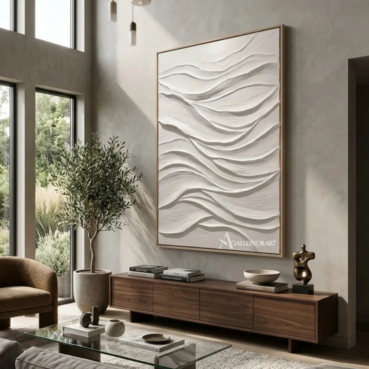 Textured 3D-white-and-gray-flowing veil-wall-art-a-sunlit-living-room