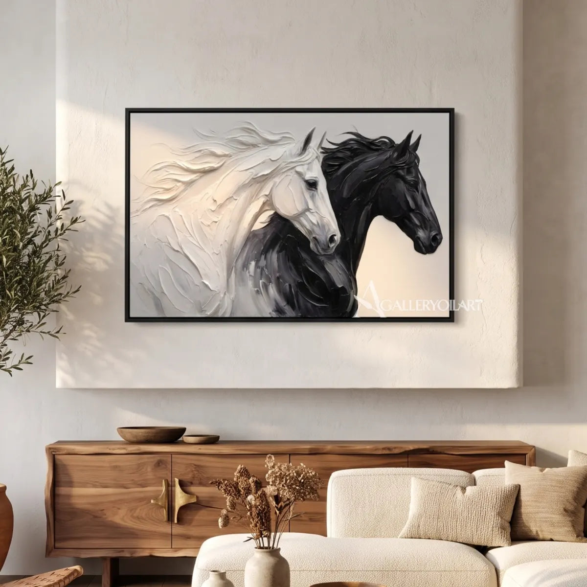 a white and dark horse pair captured in forward motion-animal-black-gathering-space