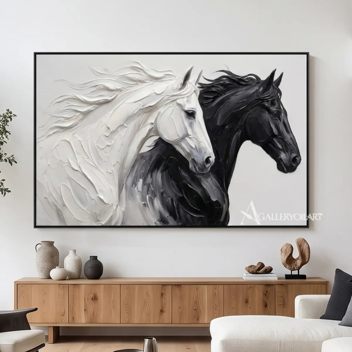 a white and dark horse pair captured in forward motion-animal-black-painting-detail