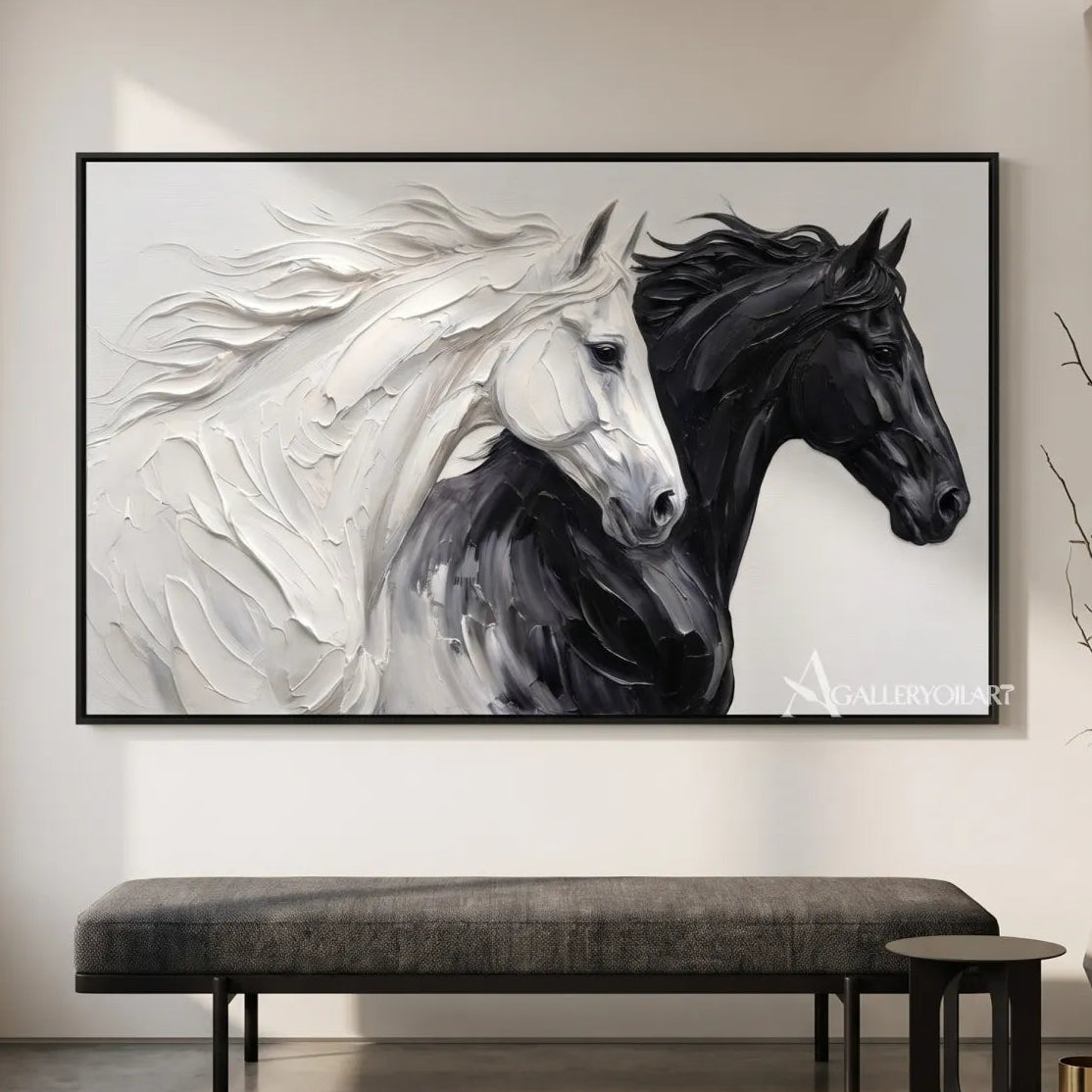 a white and dark horse pair captured in forward motion-animal-black-private-lounge