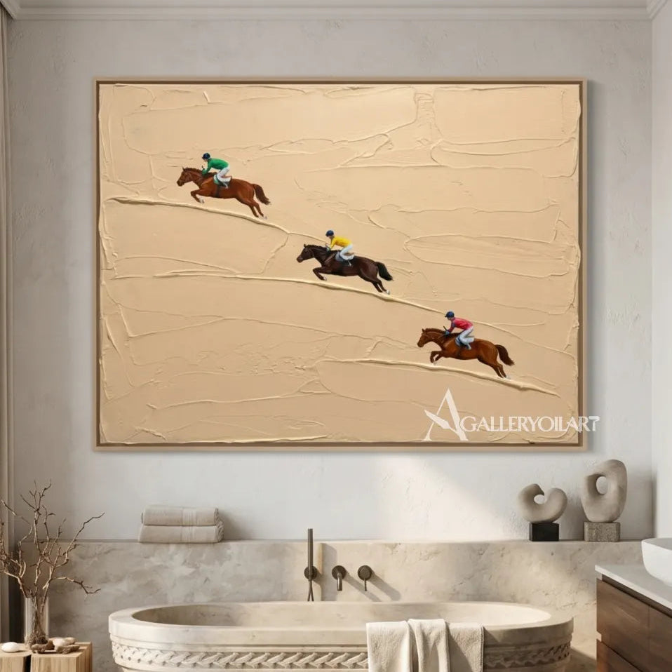 Textured-3D-art-of-three-galloping-horses-on-a-beige-ground-in-a-bathroom