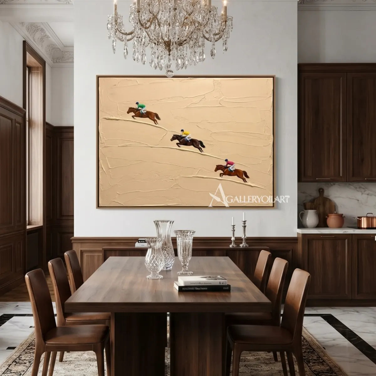 Textured-3D-art-of-three-galloping-horses-on-a-beige-ground-in-a-dining-room