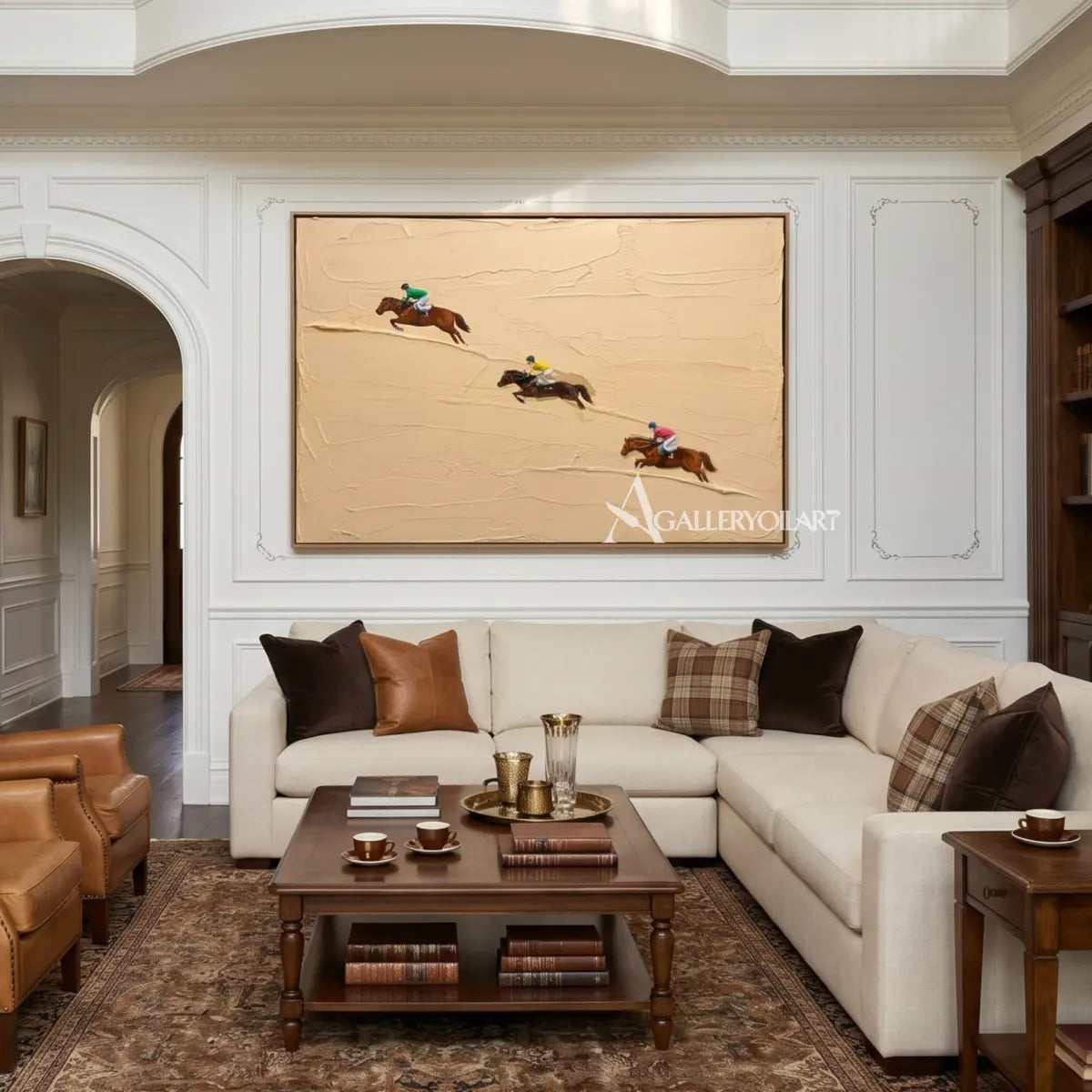 Textured-3D-art-of-three-galloping-horses-on-a-beige-ground-in-a-living-room