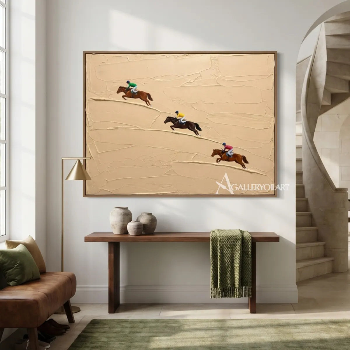 Textured-3D-art-of-three-galloping-horses-on-a-beige-ground-in-a-lounge