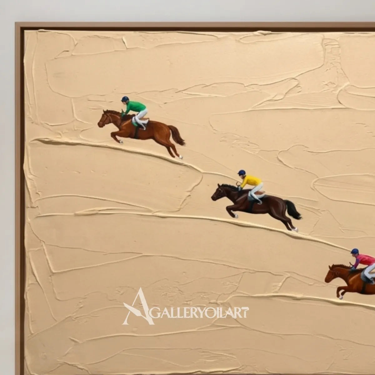 Close-up-of-textured-3D-art-showing-three-galloping-horses-on-beige