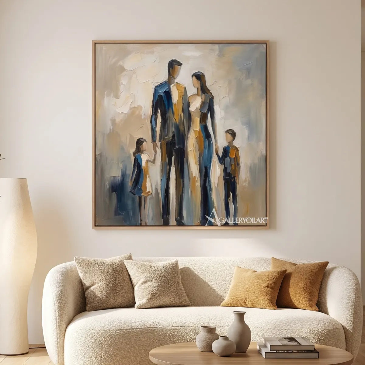 Gallery-view-of-expressive-group-portrait-art-in-blue-ochre-and-cream