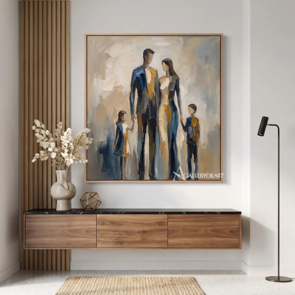 Modern-entryway-display-of-blue-and-ochre-group-portrait-art