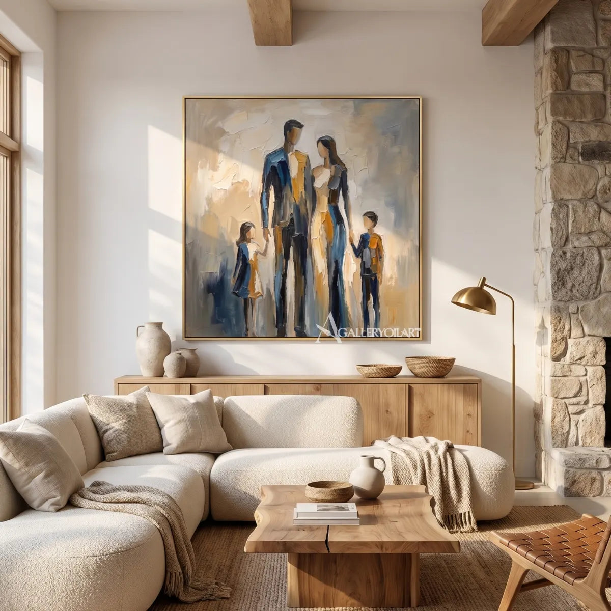 Painterly-portrait-art-of-several-figures-in-blue-and-gold-in-a-sunlit-living-room