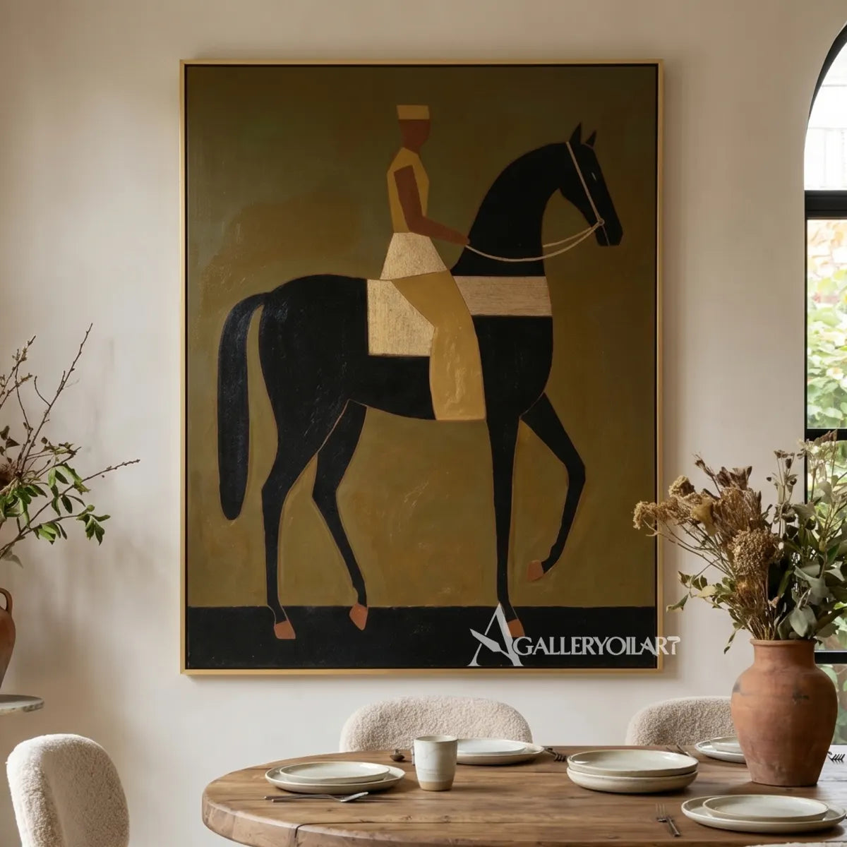 Western-cowboy-art-of-a-geometric-rider-on-a-dark-horse-against-an-ochre-brown-ground-in-a-dining-room