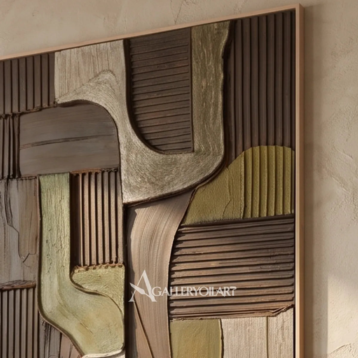 Close-up-of-textured-3D-brown-and-olive-geometric-relief-wall-art