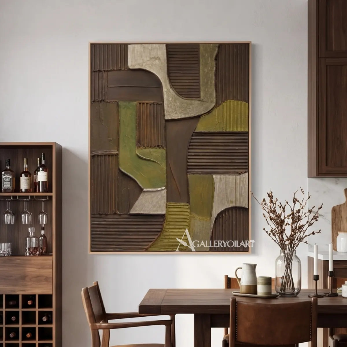 Textured-3D-brown-and-olive-geometric-relief-painting-in-a-dining-room